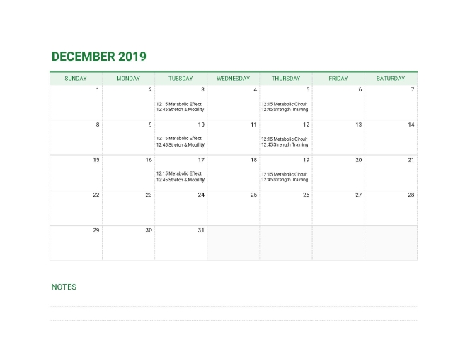 December Fitness Class Schedule