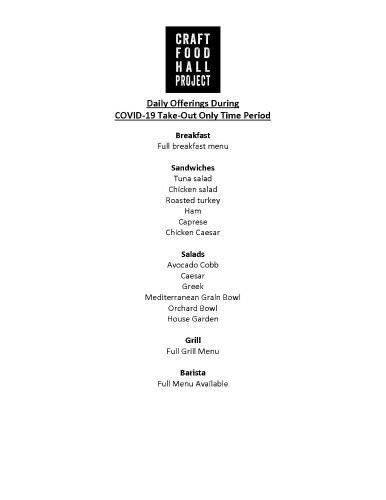 Daily Offerings Due to COVID-19  Take Out Only