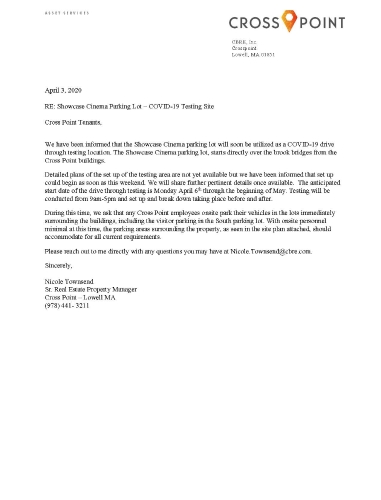 Notice RE: Showcase Cinema Parking Lot being used as COVID-19 Drive Thru Testing Area